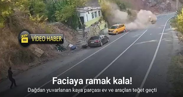 Dağdan Yuvarlanan Kaya Parçası Ev Ve Araçları Teğet Geçti